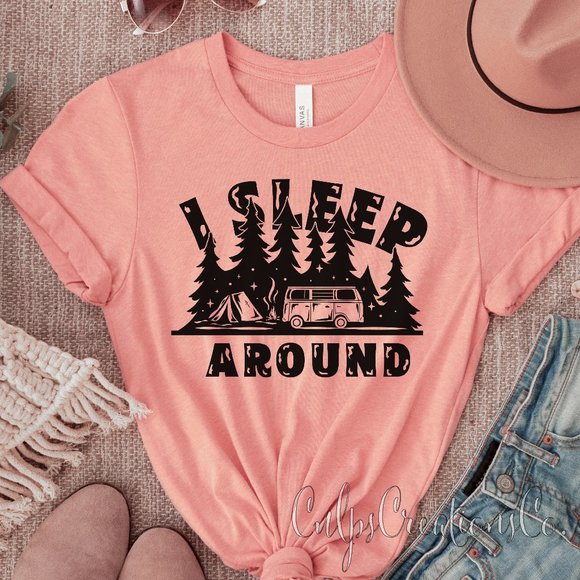 I sleep around funny camping outdoors adventure style womens short sleeve tee - Picture 1 of 3